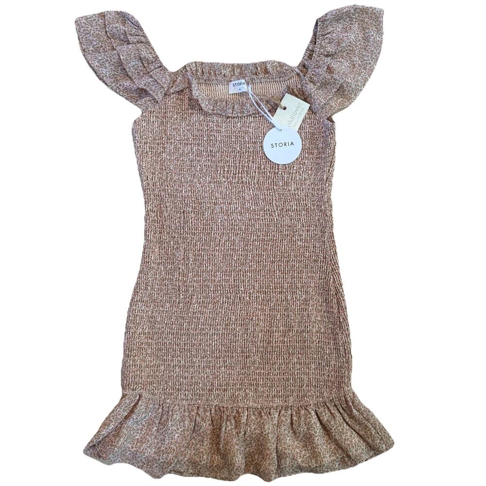 STORIA Womens Smocked Mini Dress Size M Micro Floral Pink Ruffle Hem Stretch NWT